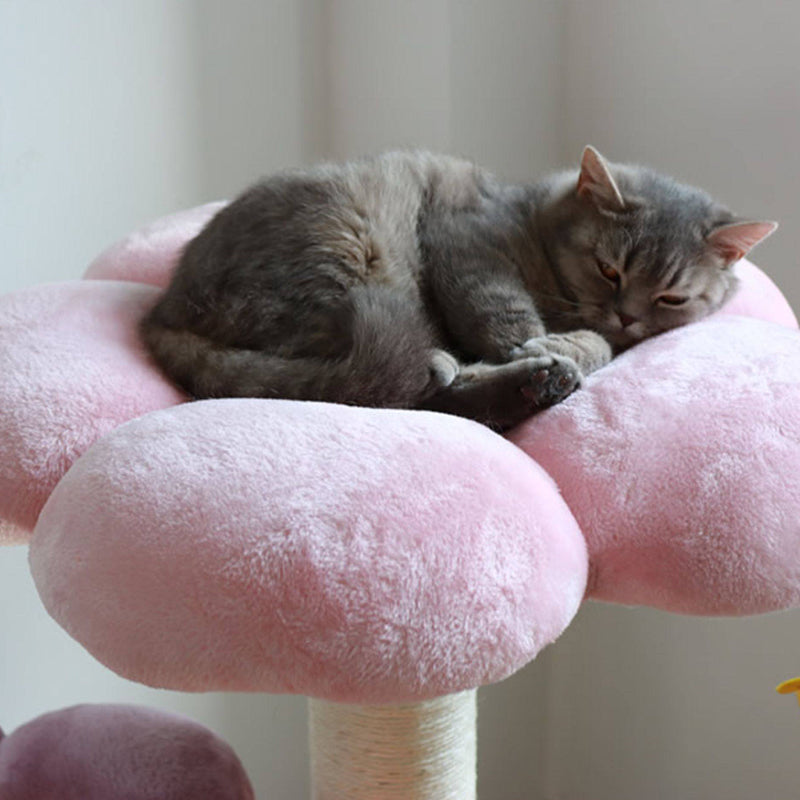 Contemporary Scandinavian Round Particleboard Kraft Paper Tube Sisal Velvet Fabric Floral Cat Tree 3-Tier For Living Room Cuvalon