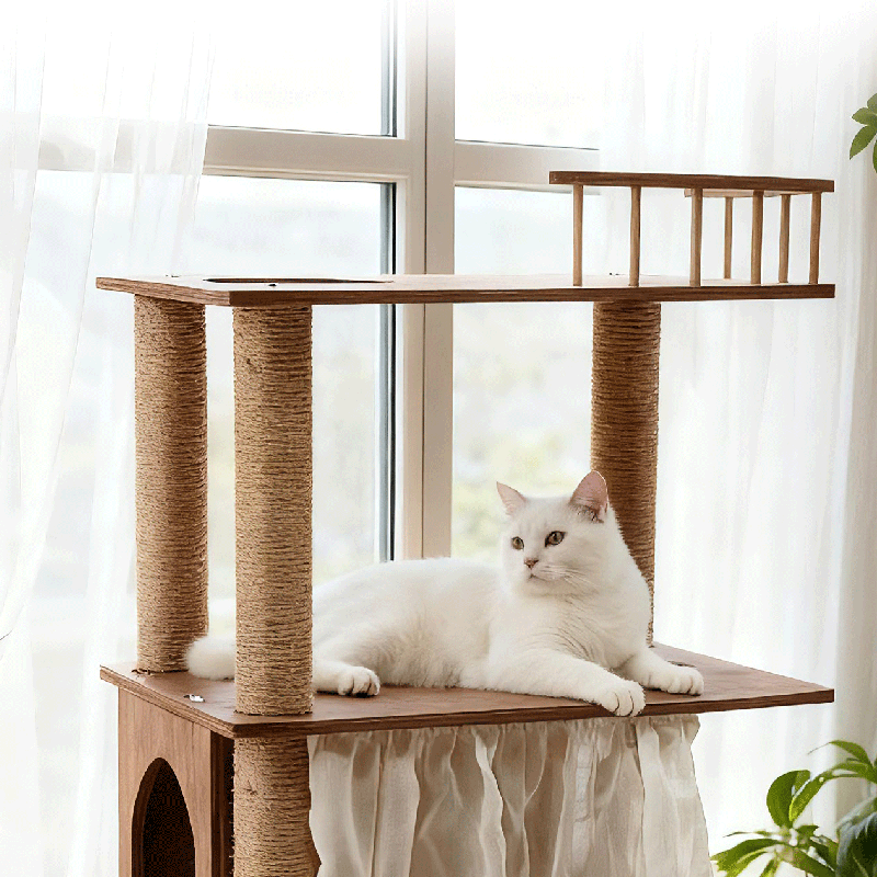 Contemporary Scandinavian Rectangular Pine Solid Wood Pillar Multi-Layer Solid Wood Panel Hemp Rope Cat Tree 4-Tier For Living Room Cuvalon
