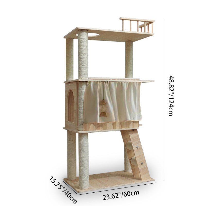 Contemporary Scandinavian Rectangular Pine Solid Wood Pillar Multi-Layer Solid Wood Panel Hemp Rope Cat Tree 4-Tier For Living Room Cuvalon