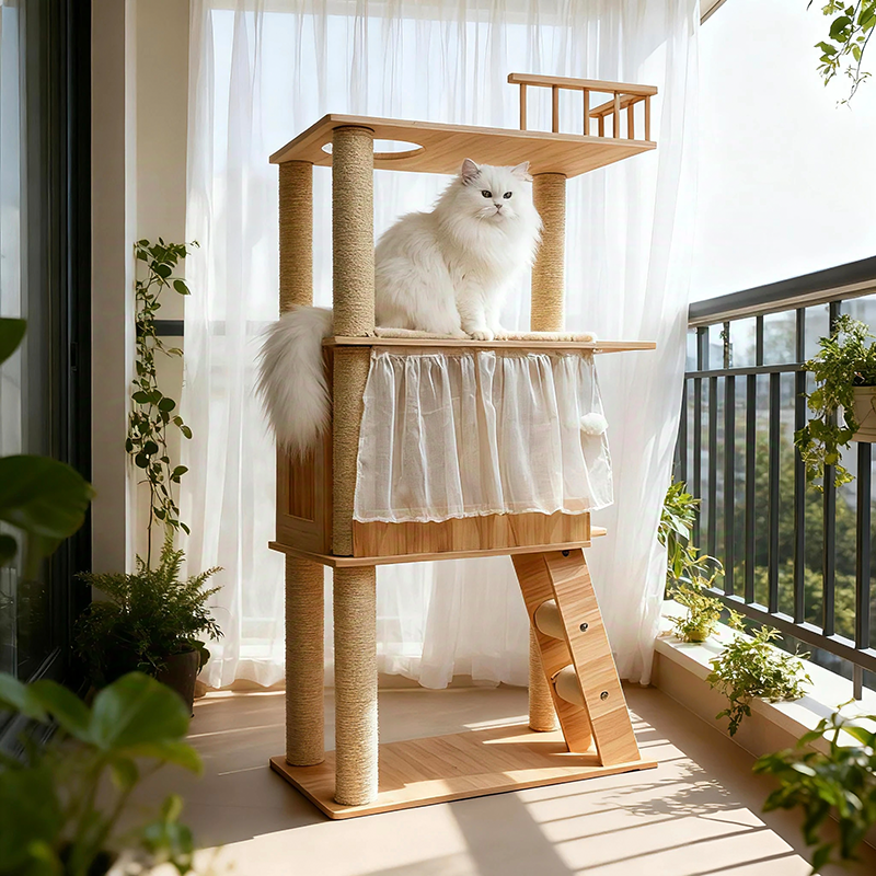 Contemporary Scandinavian Rectangular Pine Solid Wood Pillar Multi-Layer Solid Wood Panel Hemp Rope Cat Tree 4-Tier For Living Room Cuvalon