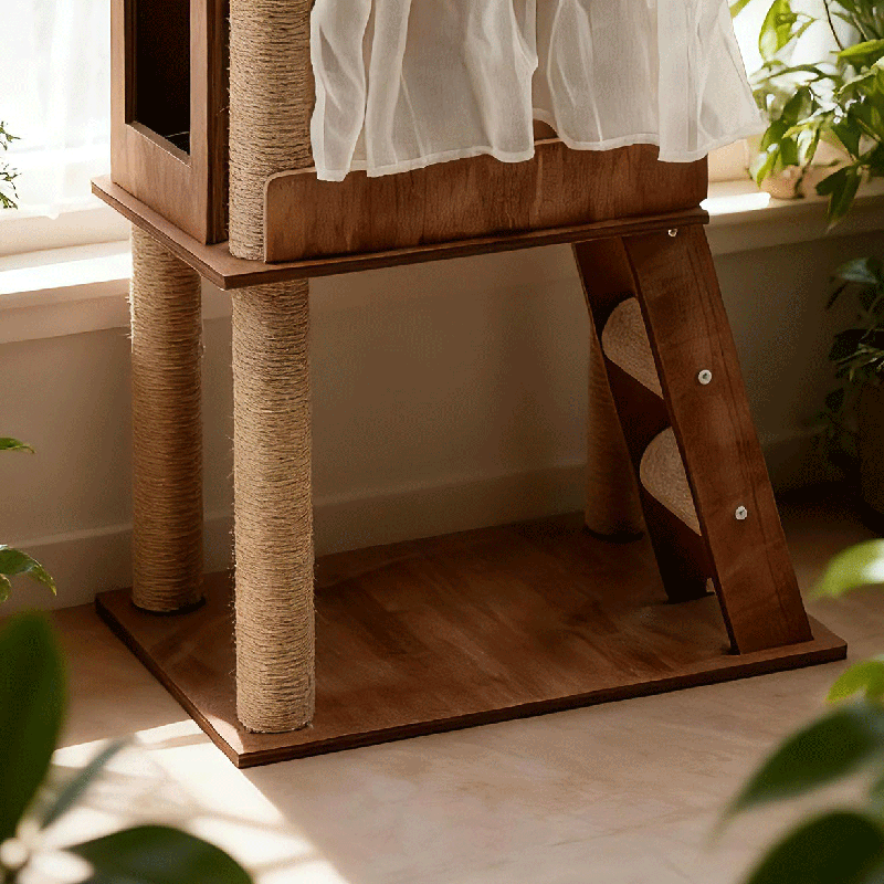 Contemporary Scandinavian Rectangular Pine Solid Wood Pillar Multi-Layer Solid Wood Panel Hemp Rope Cat Tree 4-Tier For Living Room Cuvalon