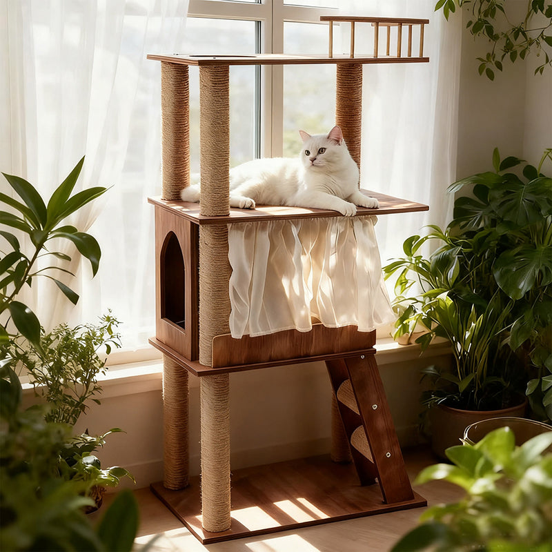 Contemporary Scandinavian Rectangular Pine Solid Wood Pillar Multi-Layer Solid Wood Panel Hemp Rope Cat Tree 4-Tier For Living Room Cuvalon