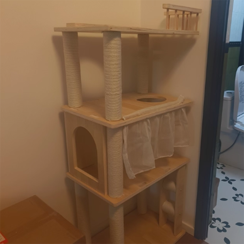 Contemporary Scandinavian Rectangular Pine Solid Wood Pillar Multi-Layer Solid Wood Panel Hemp Rope Cat Tree 4-Tier For Living Room Cuvalon