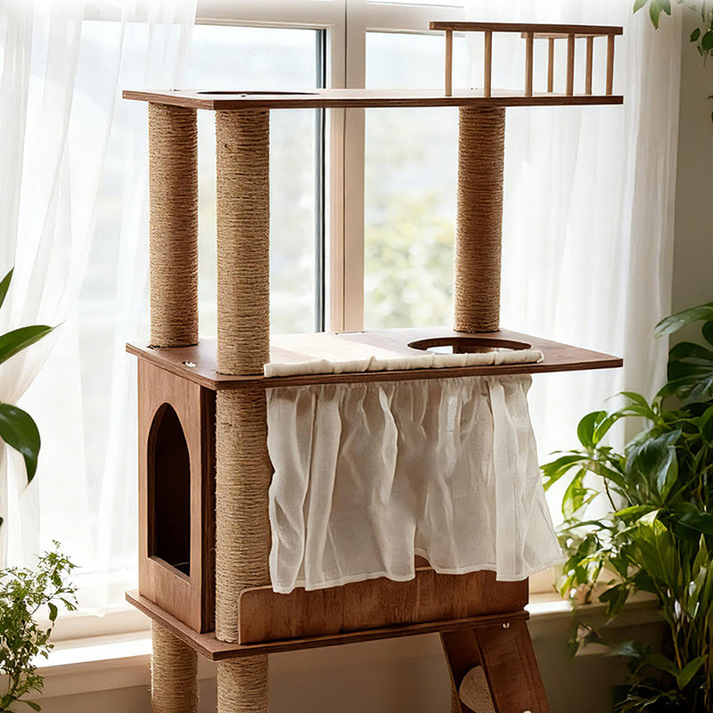 Contemporary Scandinavian Rectangular Pine Solid Wood Pillar Multi-Layer Solid Wood Panel Hemp Rope Cat Tree 4-Tier For Living Room Cuvalon