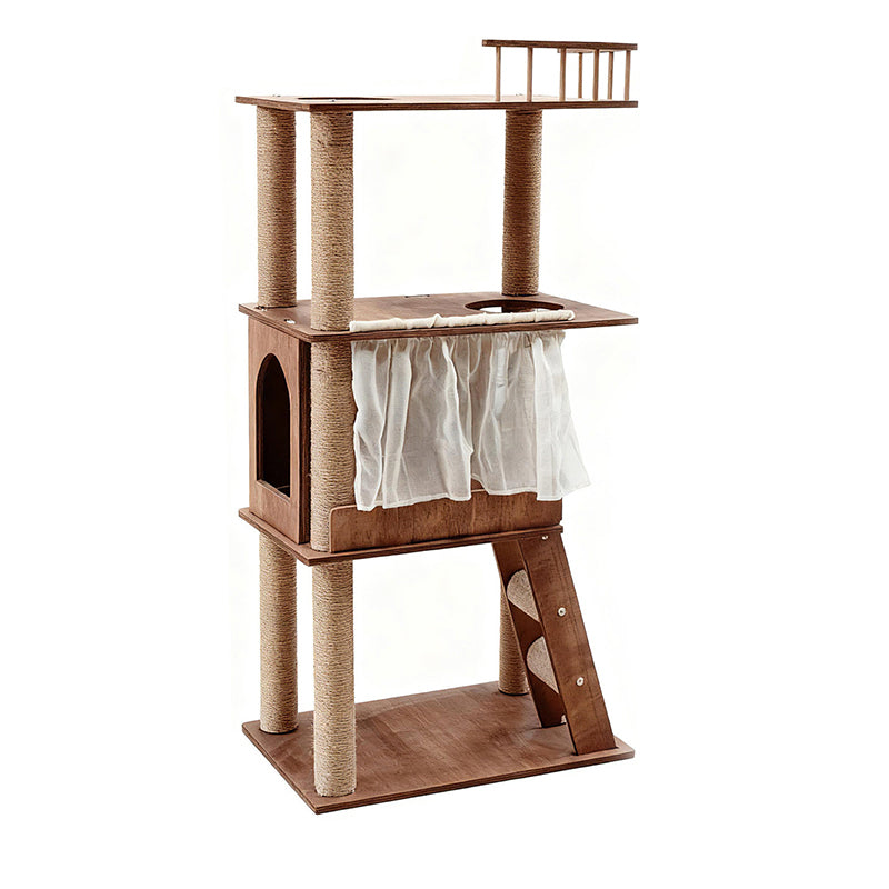 Contemporary Scandinavian Rectangular Pine Solid Wood Pillar Multi-Layer Solid Wood Panel Hemp Rope Cat Tree 4-Tier For Living Room Cuvalon