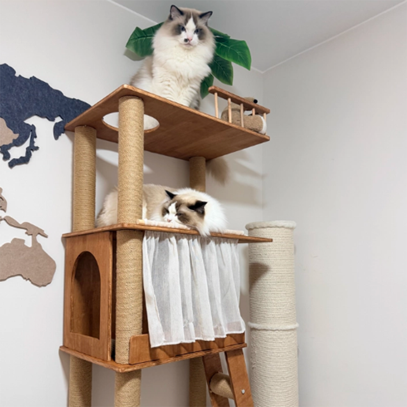 Contemporary Scandinavian Rectangular Pine Solid Wood Pillar Multi-Layer Solid Wood Panel Hemp Rope Cat Tree 4-Tier For Living Room Cuvalon