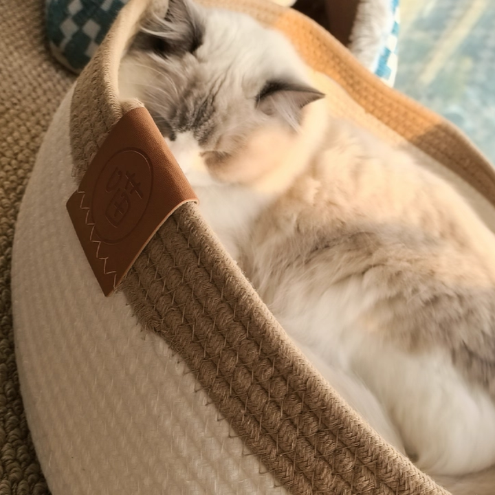 Contemporary Scandinavian Oval Linen-Cotton Rope Woven Cat Bed For Living Room & Bedroom Cuvalon