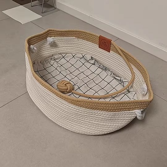 Contemporary Scandinavian Oval Linen-Cotton Rope Woven Cat Bed For Living Room & Bedroom Cuvalon