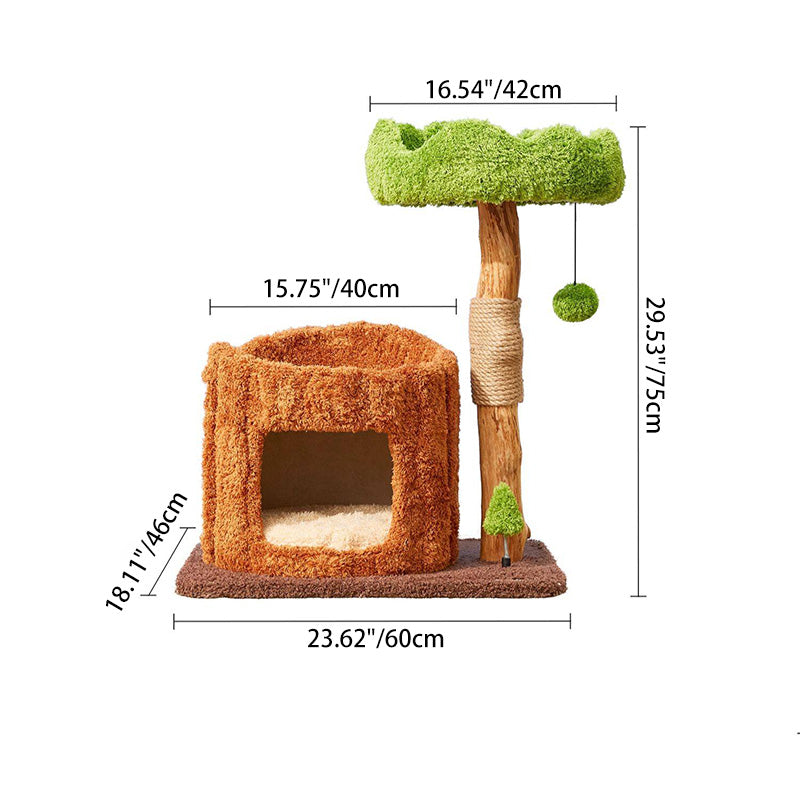 Contemporary Creative Round Particleboard Natural Fruitwood Velvet Fabric Sisal Tree Stump Cat Tree 3-Tier For Living Room Cuvalon