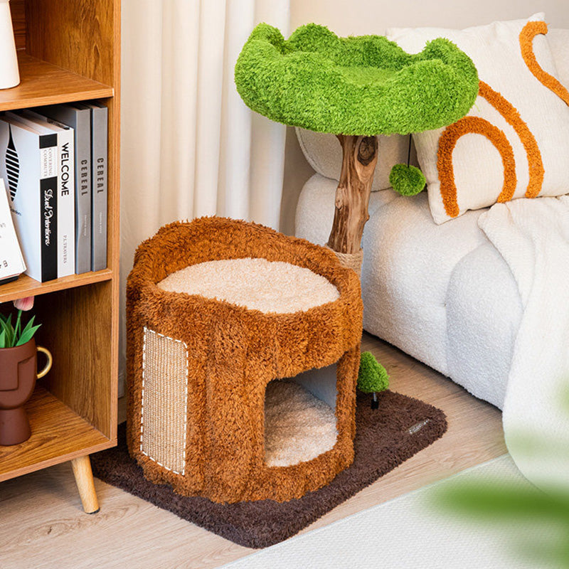 Contemporary Creative Round Particleboard Natural Fruitwood Velvet Fabric Sisal Tree Stump Cat Tree 3-Tier For Living Room Cuvalon