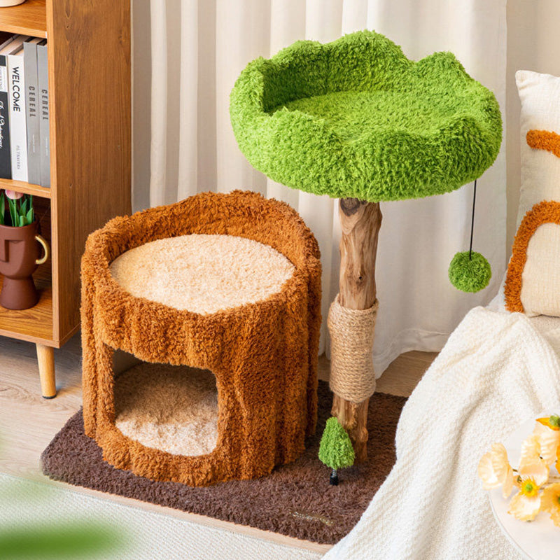Contemporary Creative Round Particleboard Natural Fruitwood Velvet Fabric Sisal Tree Stump Cat Tree 3-Tier For Living Room Cuvalon