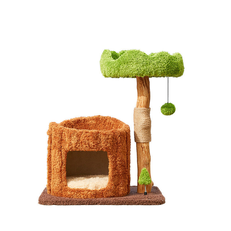Contemporary Creative Round Particleboard Natural Fruitwood Velvet Fabric Sisal Tree Stump Cat Tree 3-Tier For Living Room Cuvalon