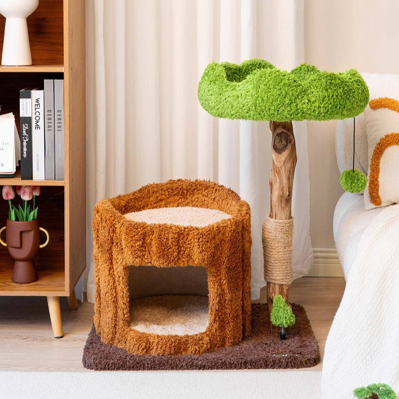Contemporary Creative Round Particleboard Natural Fruitwood Velvet Fabric Sisal Tree Stump Cat Tree 3-Tier For Living Room Cuvalon