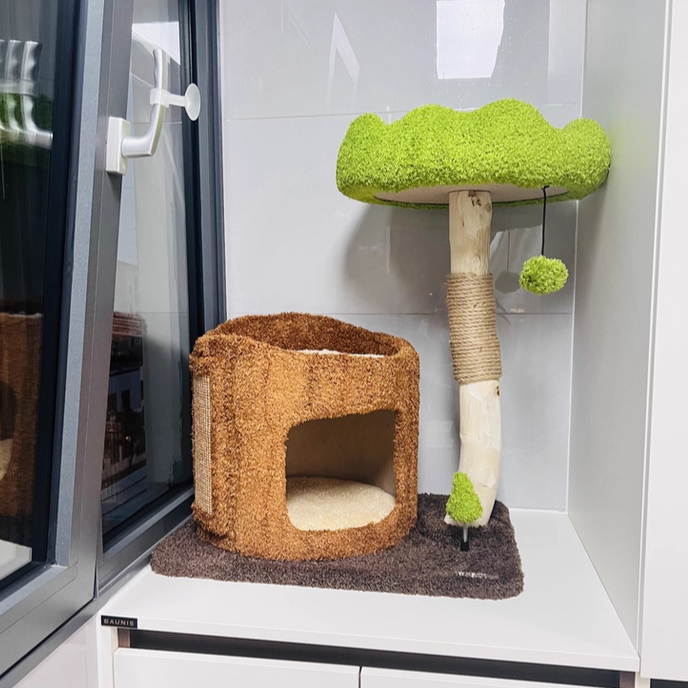Contemporary Creative Round Particleboard Natural Fruitwood Velvet Fabric Sisal Tree Stump Cat Tree 3-Tier For Living Room Cuvalon