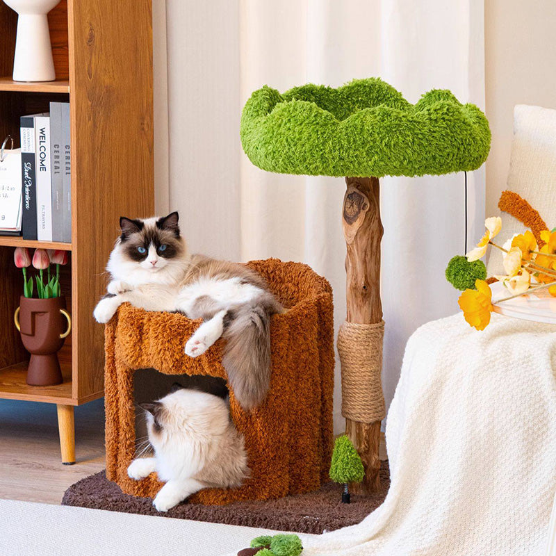 Contemporary Creative Round Particleboard Natural Fruitwood Velvet Fabric Sisal Tree Stump Cat Tree 3-Tier For Living Room Cuvalon