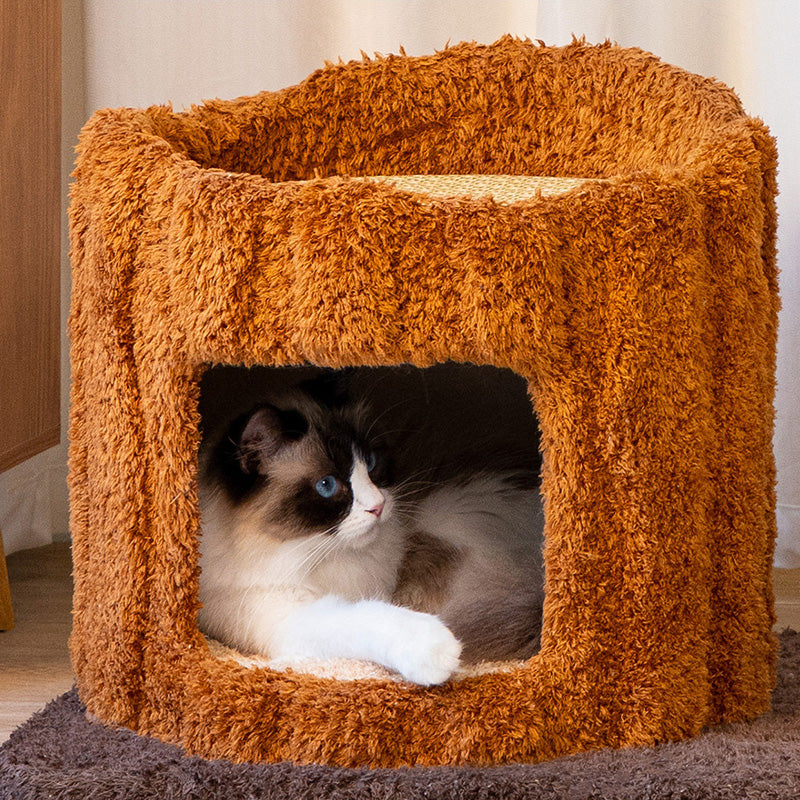 Contemporary Creative Round Particleboard Natural Fruitwood Velvet Fabric Sisal Tree Stump Cat Tree 3-Tier For Living Room Cuvalon