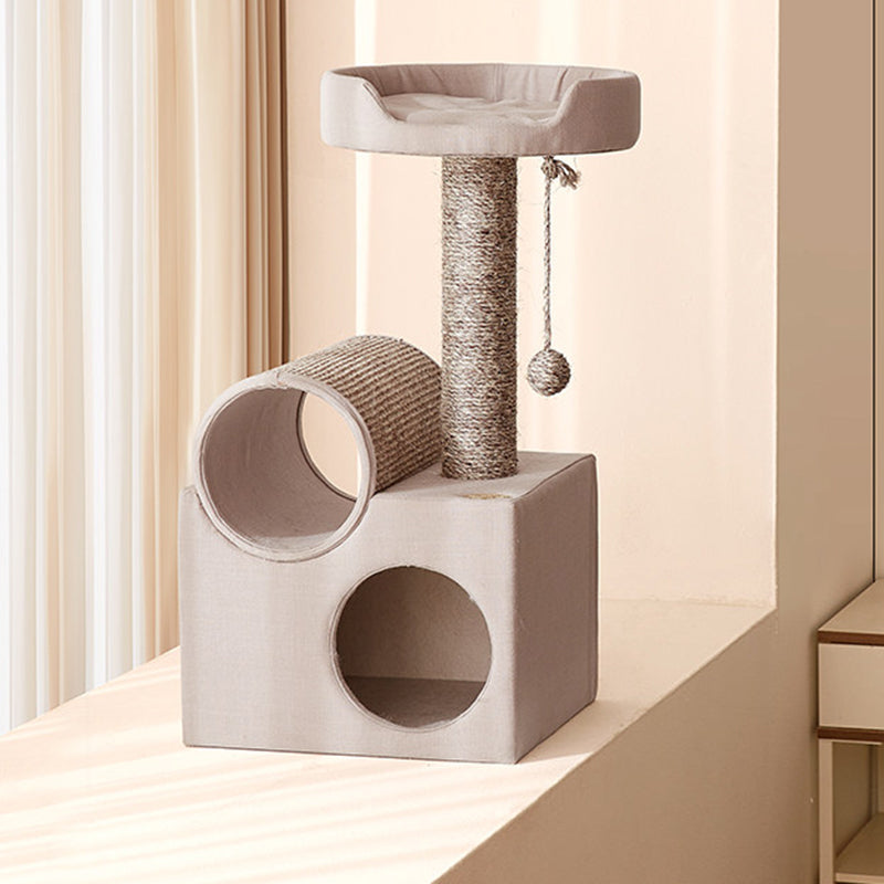 Contemporary Scandinavian Round Particleboard Velvet Fabric Sisal Paper Tube Cat Tree 3-Tier For Living Room Cuvalon