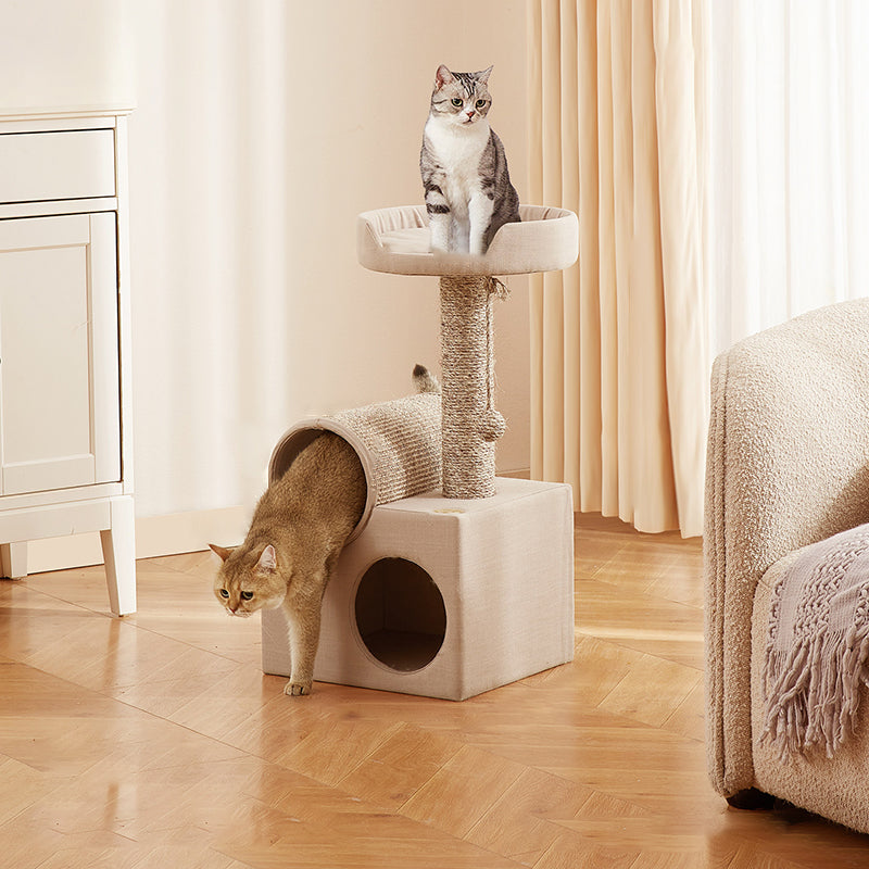 Contemporary Scandinavian Round Particleboard Velvet Fabric Sisal Paper Tube Cat Tree 3-Tier For Living Room Cuvalon