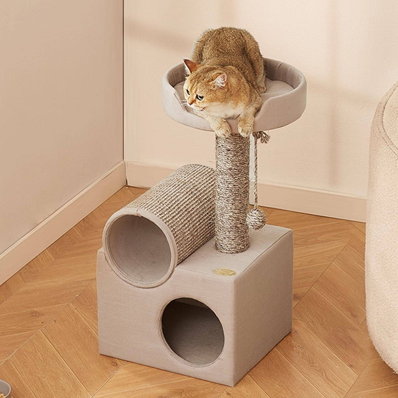 Contemporary Scandinavian Round Particleboard Velvet Fabric Sisal Paper Tube Cat Tree 3-Tier For Living Room Cuvalon