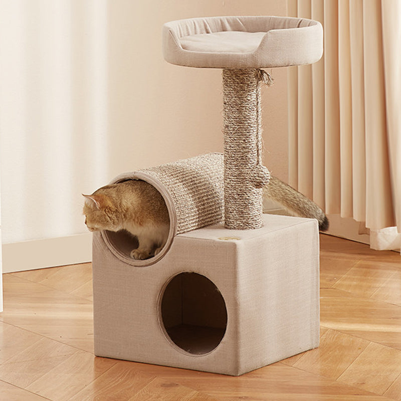 Contemporary Scandinavian Round Particleboard Velvet Fabric Sisal Paper Tube Cat Tree 3-Tier For Living Room Cuvalon