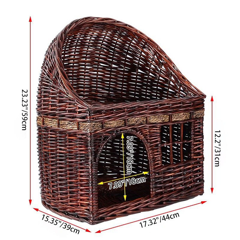 Traditional Farmhouse Half-Round Willow Hemp Rope Handwoven Cat Bed 2-Tier For Bedroom Cuvalon
