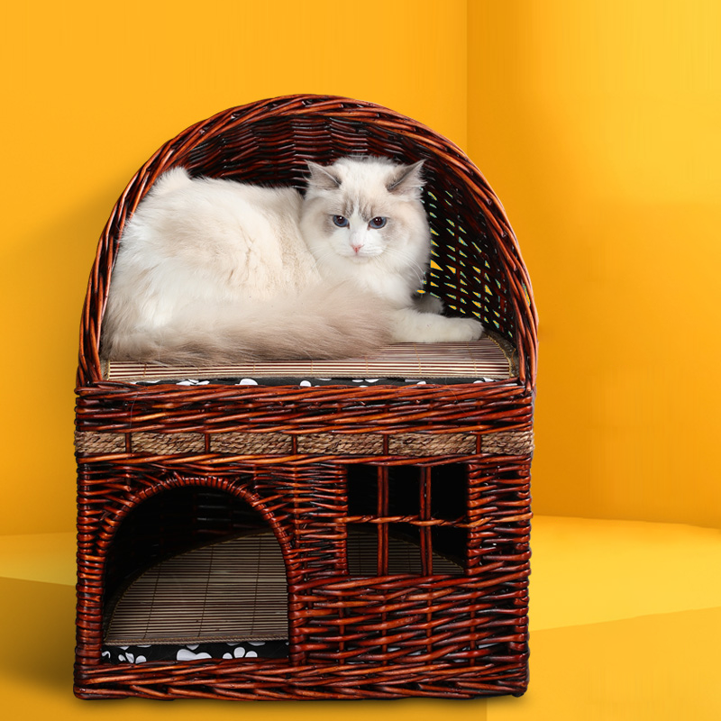 Traditional Farmhouse Half-Round Willow Hemp Rope Handwoven Cat Bed 2-Tier For Bedroom Cuvalon
