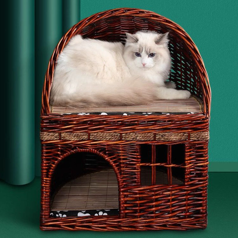 Traditional Farmhouse Half-Round Willow Hemp Rope Handwoven Cat Bed 2-Tier For Bedroom Cuvalon