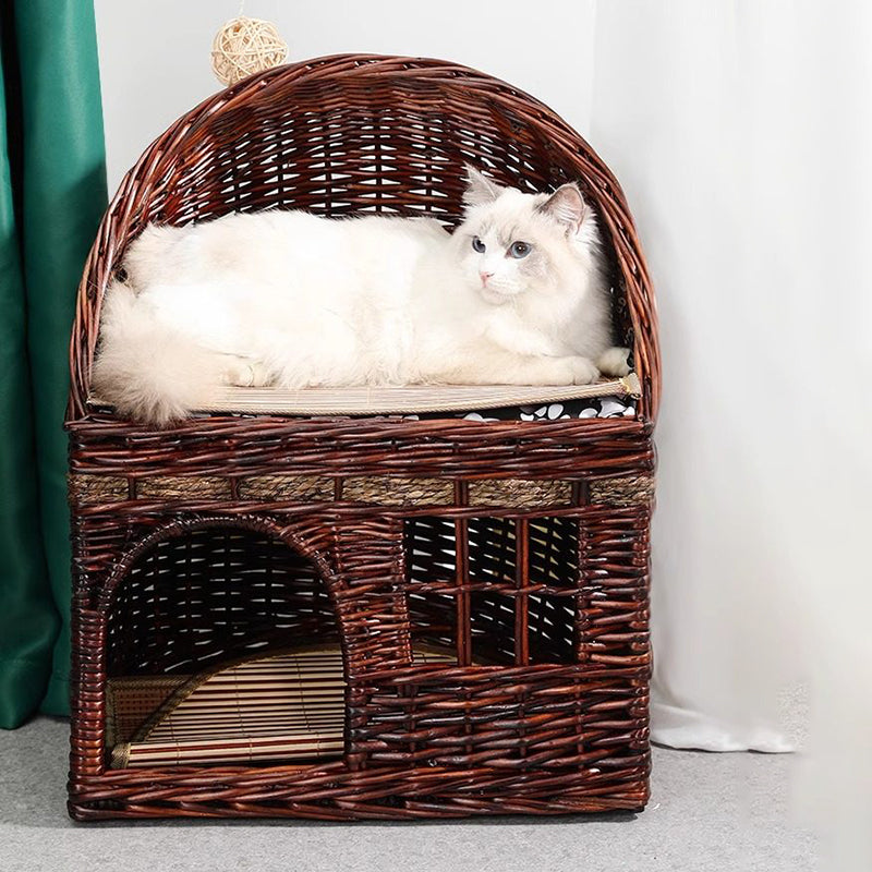 Traditional Farmhouse Half-Round Willow Hemp Rope Handwoven Cat Bed 2-Tier For Bedroom Cuvalon