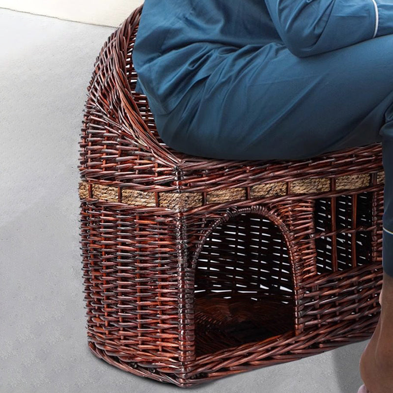 Traditional Farmhouse Half-Round Willow Hemp Rope Handwoven Cat Bed 2-Tier For Bedroom Cuvalon