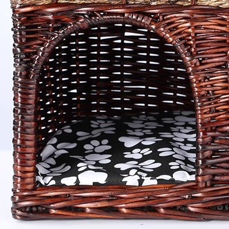 Traditional Farmhouse Half-Round Willow Hemp Rope Handwoven Cat Bed 2-Tier For Bedroom Cuvalon