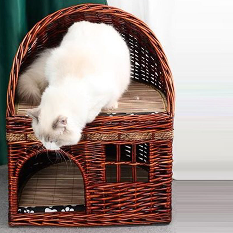 Traditional Farmhouse Half-Round Willow Hemp Rope Handwoven Cat Bed 2-Tier For Bedroom Cuvalon
