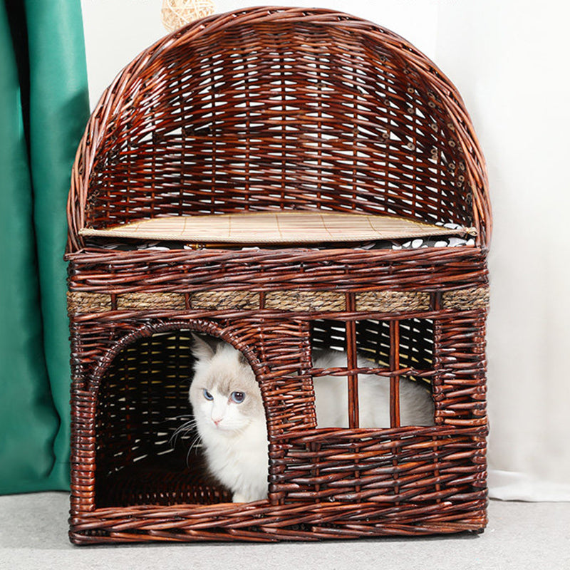 Traditional Farmhouse Half-Round Willow Hemp Rope Handwoven Cat Bed 2-Tier For Bedroom Cuvalon