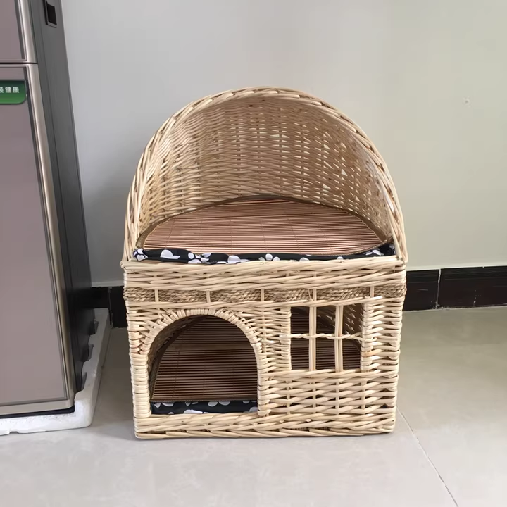 Traditional Farmhouse Half-Round Willow Hemp Rope Handwoven Cat Bed 2-Tier For Bedroom Cuvalon