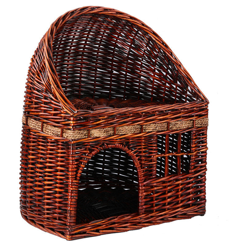 Traditional Farmhouse Half-Round Willow Hemp Rope Handwoven Cat Bed 2-Tier For Bedroom Cuvalon