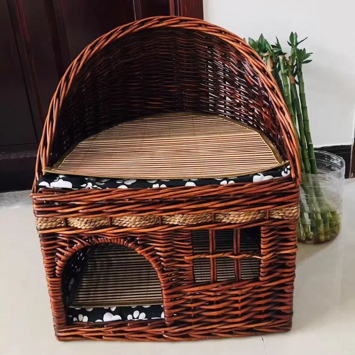 Traditional Farmhouse Half-Round Willow Hemp Rope Handwoven Cat Bed 2-Tier For Bedroom Cuvalon
