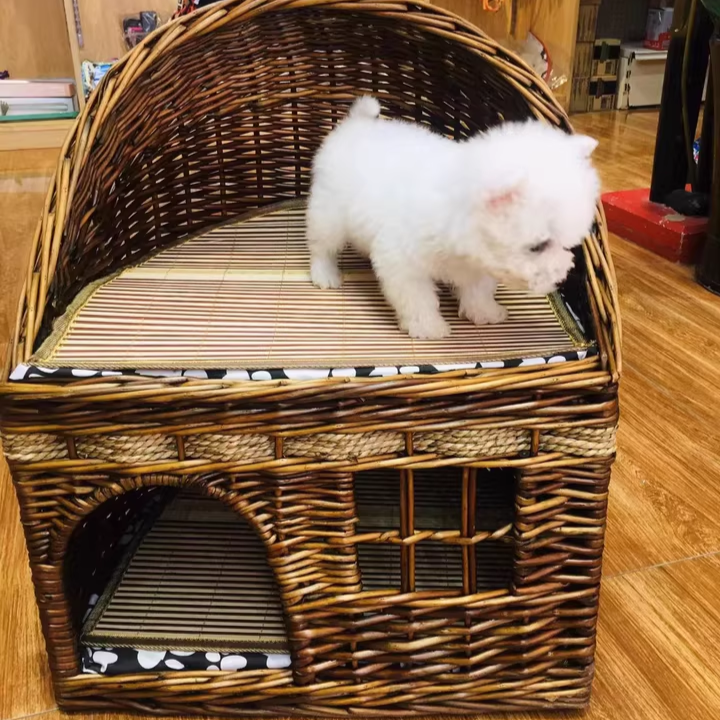 Traditional Farmhouse Half-Round Willow Hemp Rope Handwoven Cat Bed 2-Tier For Bedroom Cuvalon