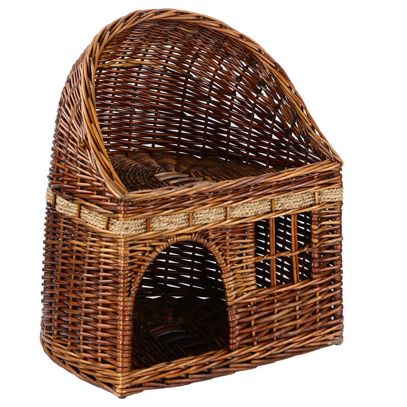 Traditional Farmhouse Half-Round Willow Hemp Rope Handwoven Cat Bed 2-Tier For Bedroom Cuvalon