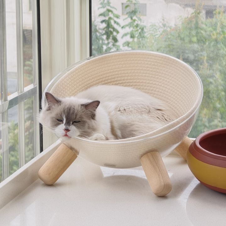 Contemporary Scandinavian Round Rubberwood PET Iron Clear Cat Bed For Bedroom Cuvalon
