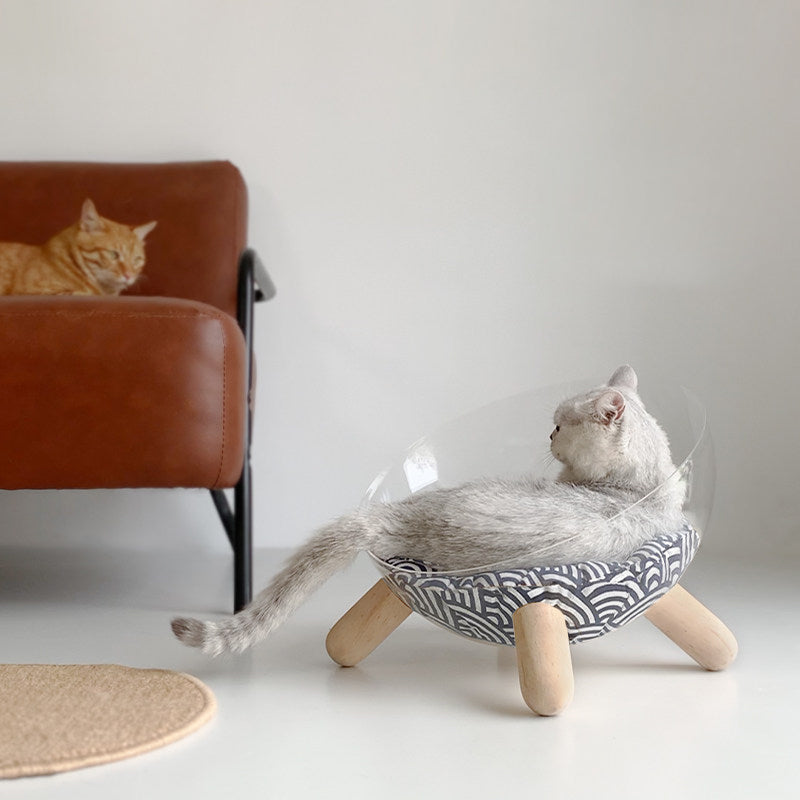 Contemporary Scandinavian Round Rubberwood PET Iron Clear Cat Bed For Bedroom Cuvalon