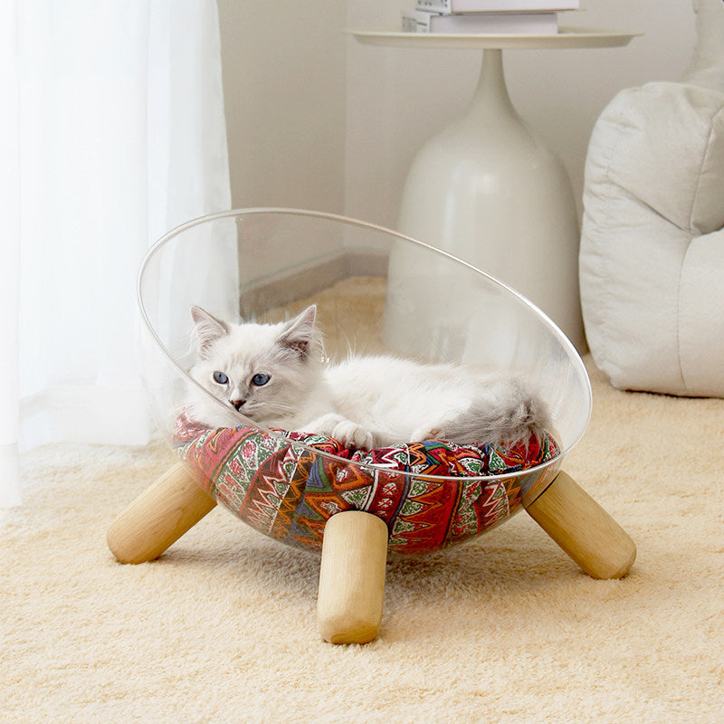 Contemporary Scandinavian Round Rubberwood PET Iron Clear Cat Bed For Bedroom Cuvalon