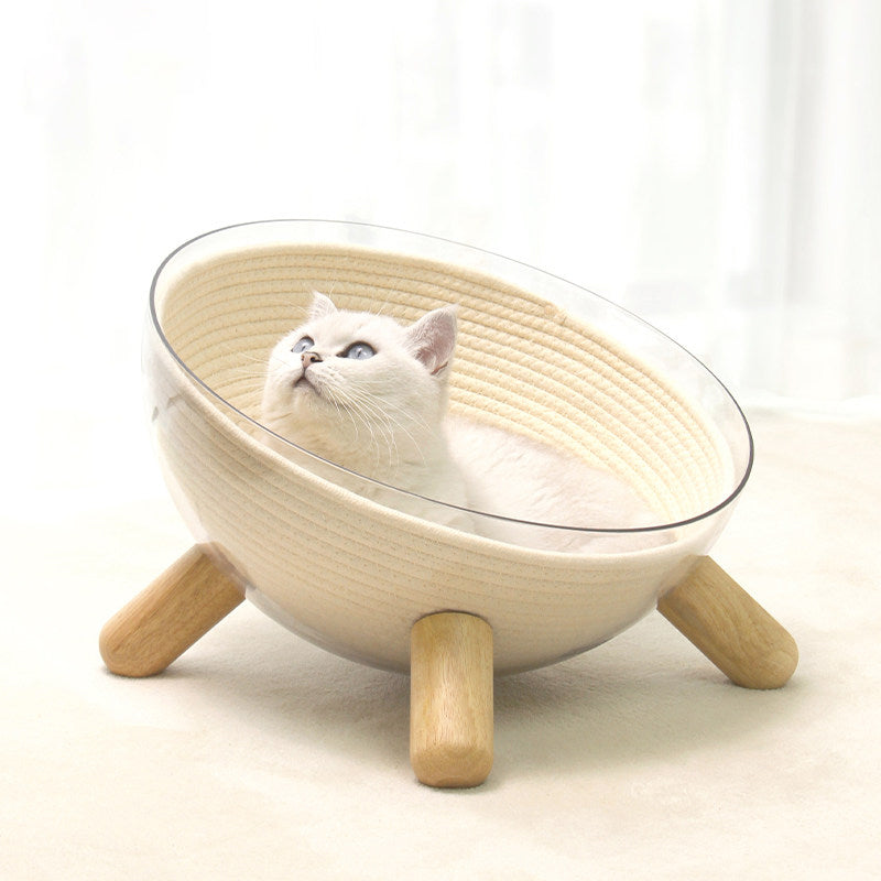 Contemporary Scandinavian Round Rubberwood PET Iron Clear Cat Bed For Bedroom Cuvalon