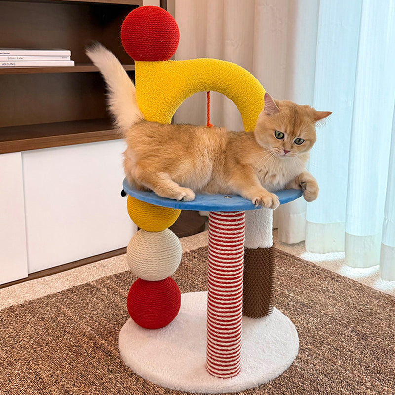 Contemporary Creative Round Medium-Density Fiberboard Velvet Fabric Hemp Rope Paper Tube Cat Tree 2-Tier For Living Room Cuvalon
