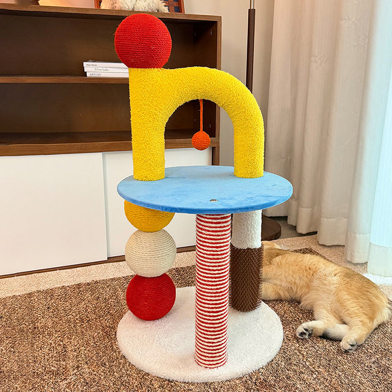 Contemporary Creative Round Medium-Density Fiberboard Velvet Fabric Hemp Rope Paper Tube Cat Tree 2-Tier For Living Room Cuvalon