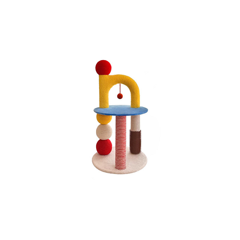 Contemporary Creative Round Medium-Density Fiberboard Velvet Fabric Hemp Rope Paper Tube Cat Tree 2-Tier For Living Room Cuvalon