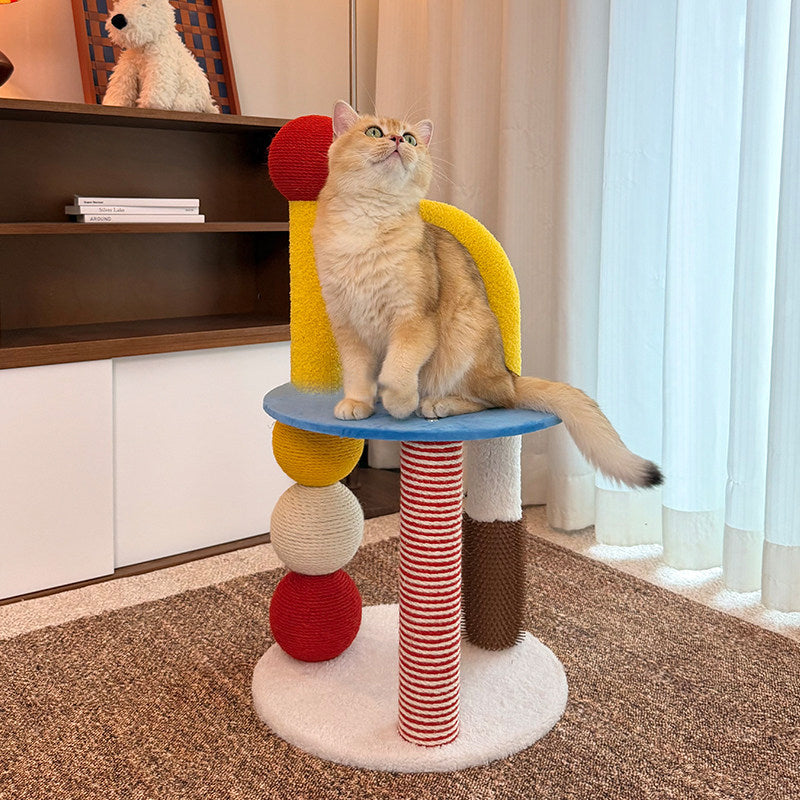 Contemporary Creative Round Medium-Density Fiberboard Velvet Fabric Hemp Rope Paper Tube Cat Tree 2-Tier For Living Room Cuvalon