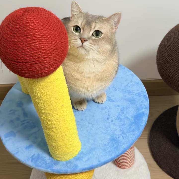 Contemporary Creative Round Medium-Density Fiberboard Velvet Fabric Hemp Rope Paper Tube Cat Tree 2-Tier For Living Room Cuvalon