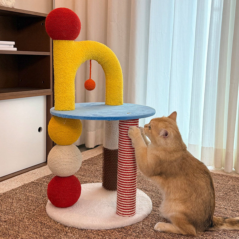 Contemporary Creative Round Medium-Density Fiberboard Velvet Fabric Hemp Rope Paper Tube Cat Tree 2-Tier For Living Room Cuvalon