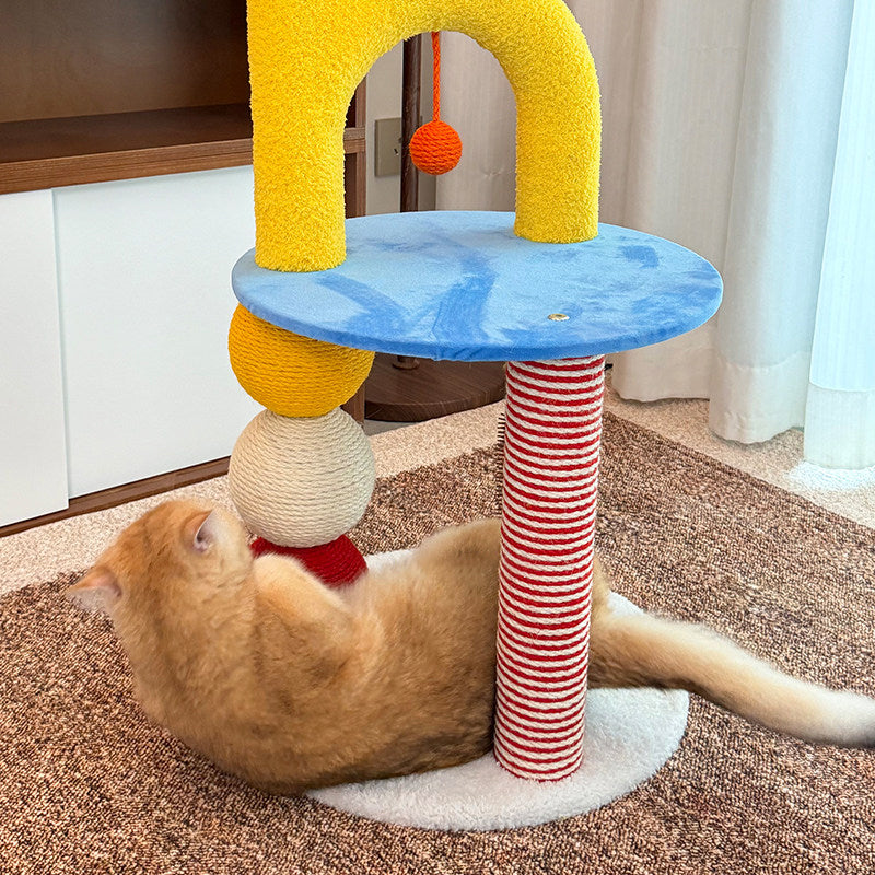 Contemporary Creative Round Medium-Density Fiberboard Velvet Fabric Hemp Rope Paper Tube Cat Tree 2-Tier For Living Room Cuvalon