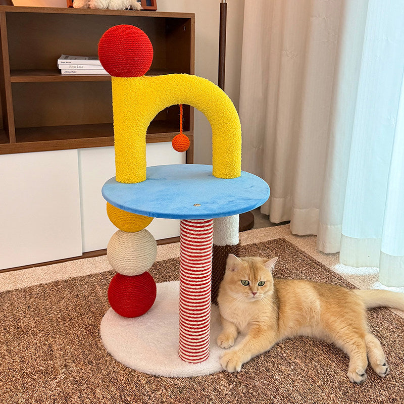 Contemporary Creative Round Medium-Density Fiberboard Velvet Fabric Hemp Rope Paper Tube Cat Tree 2-Tier For Living Room Cuvalon