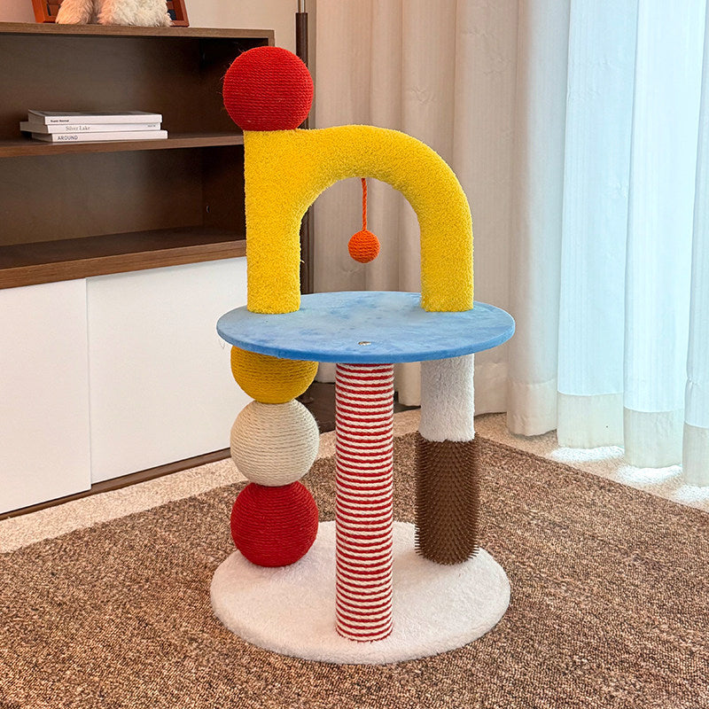 Contemporary Creative Round Medium-Density Fiberboard Velvet Fabric Hemp Rope Paper Tube Cat Tree 2-Tier For Living Room Cuvalon